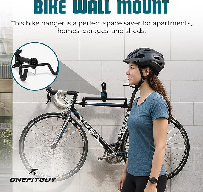 Foldable Bike Wall Mount 1-Pack, Space Saving Horizontal Bike Rack with Adjustable Hanger and EVA Covers, Includes Screws for Garage, Indoor, or Shed
