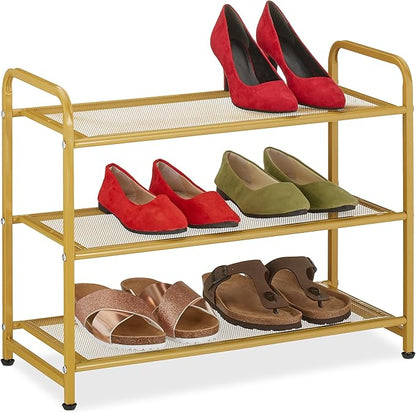 Relaxdays Rack, Organiser with 3 Levels, 6 Pairs of Shoes, HWD: 48 x 60 x 25 cm, Metal, Hallway Storage, Gold, Steel