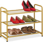 Relaxdays Rack, Organiser with 3 Levels, 6 Pairs of Shoes, HWD: 48 x 60 x 25 cm, Metal, Hallway Storage, Gold, Steel