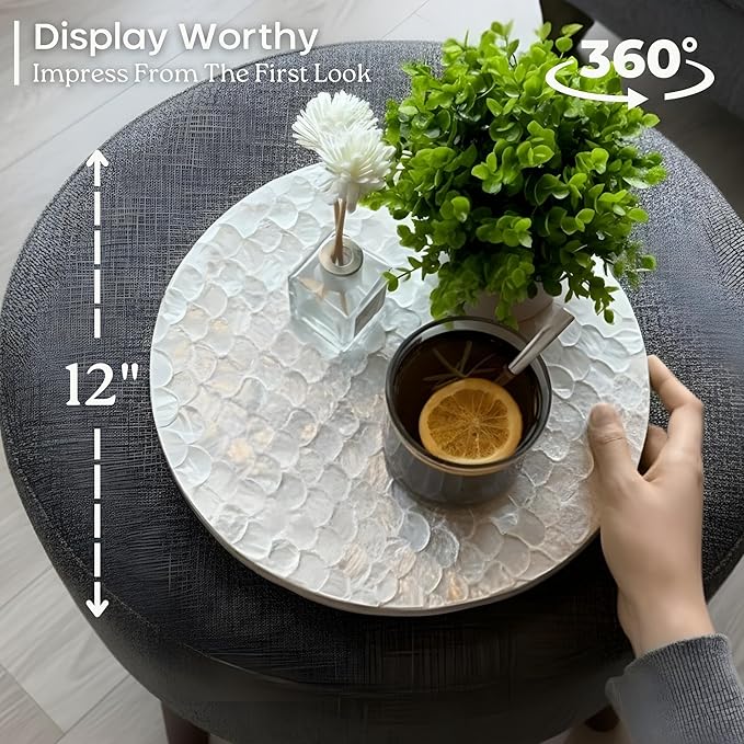 CHI AN HOME 12 Inch Capiz Lazy Susan, Decorative Lazy Susan Turntable Centerpiece for Dining Table, Kitchen Counter, Round Mother of Pearl Capiz Shells Spinning Tray for Countertop & Tabletop (White)