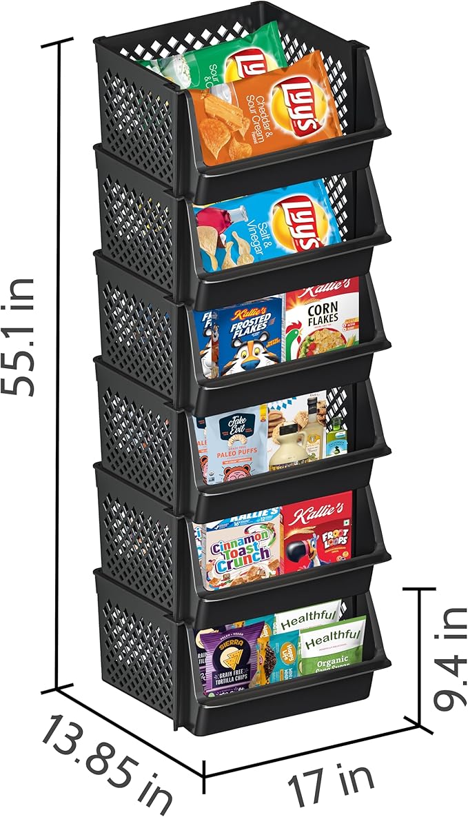 TidyFriend 6 Pk Large Stackable Storage Bins Open Front for Pantry Organizers and Storage, Pantry Storage for Food, Kitchen and Home Organization, Plastic Storage Bins, Dorm Room Essentials (Black)
