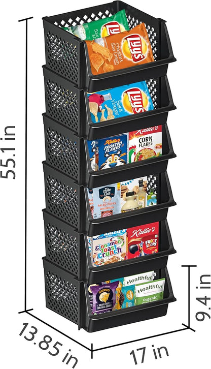 TidyFriend 6 Pk Large Stackable Storage Bins Open Front for Pantry Organizers and Storage, Pantry Storage for Food, Kitchen and Home Organization, Plastic Storage Bins, Dorm Room Essentials (Black)
