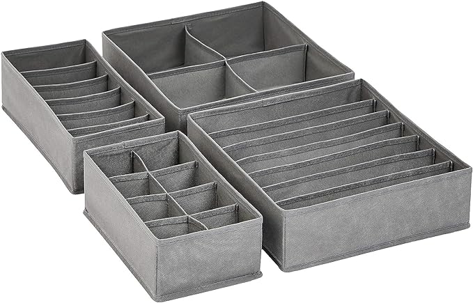 Amazon Basics Dresser Drawer Storage Organizer for Undergarments, Set of 4, Gray | Set of 4