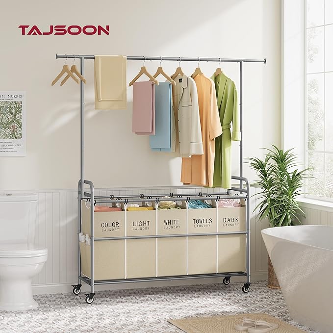 Tajsoon Laundry Sorter with Hanging Bar, 5 Bag Laundry Sorter with Wheels, 246L (65 Gal.) Laundry Hamper with Adjustable Hanging Rack, Laundry Room Organization and Storage, Beige