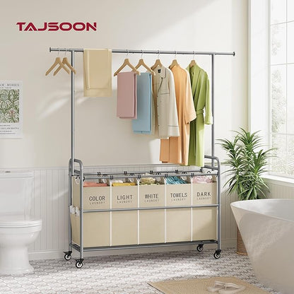Tajsoon Laundry Sorter with Hanging Bar, 5 Bag Laundry Sorter with Wheels, 246L (65 Gal.) Laundry Hamper with Adjustable Hanging Rack, Laundry Room Organization and Storage, Beige