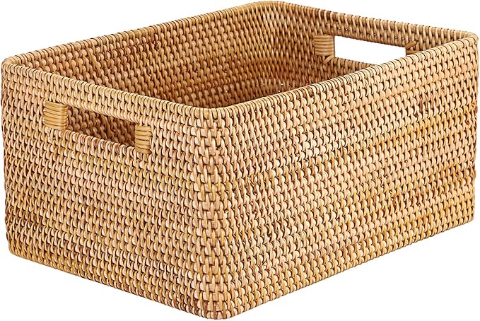 Hipiwe Handwoven Rattan Basket Decorative Natural Wicker Storage Basket Rectangular Wardrobe Home Organizer with Build-in Handles, 15" x 11" x 7.1"
