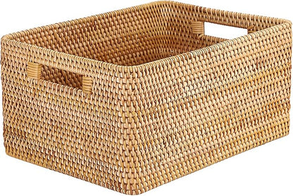 Hipiwe Handwoven Rattan Basket Decorative Natural Wicker Storage Basket Rectangular Wardrobe Home Organizer with Build-in Handles, 15" x 11" x 7.1"