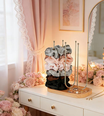 NEWLOOP Scrunchie Holder for Women - Triple Storage 3 Rotating Rods 6-Arm Hair Accessory Organizer with Jewelry Tray Wood & Metal Collection Holder Gift for Loved Ones Natural