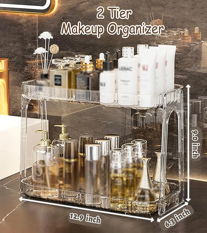 VNIMTI Skincare Organizers 2 Tier, Makeup Organizer Countertop, Cosmetic Display Cases, Makeup＆Skincare Organizer for Vanity, Desktop, Bathroon, Ideal for Women (Free Standing - Clear)