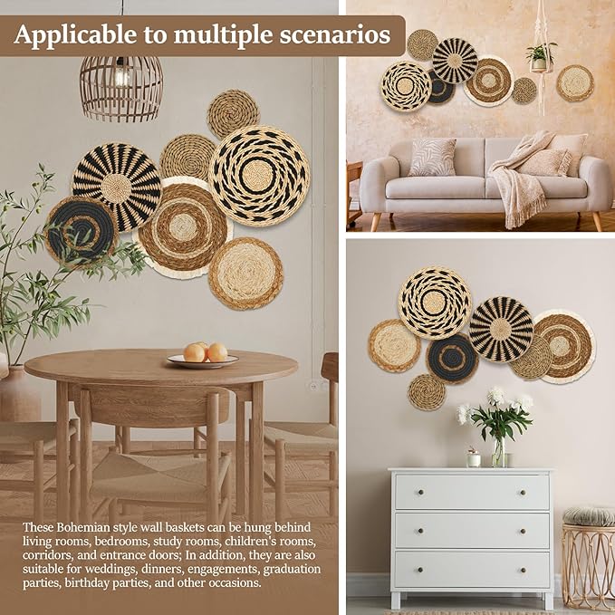 7 Pcs Boho Wall Basket Decor, Rattan Wicker Boho Wall Decor, Hanging Woven Basket Wall Decor, Round Handmade Wall Art for Living Room Bedroom Display Table Settings Home Christmas Decoration (Black)