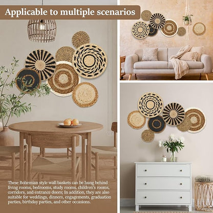 7 Pcs Boho Wall Basket Decor, Rattan Wicker Boho Wall Decor, Hanging Woven Basket Wall Decor, Round Handmade Wall Art for Living Room Bedroom Display Table Settings Home Christmas Decoration (Black)