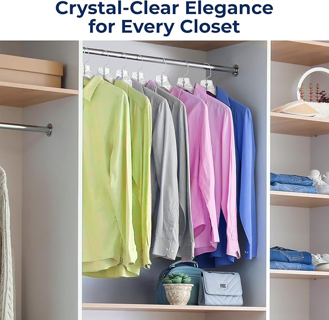 SereneLife 50 Pack Transparent Plastic Hangers, Crystal Clear, Non-Slip with Notched Shoulders, Ultra-Thin Space Saving, Closet & Retail Use, with Swivel Hook for Clothes, Shirts, Dresses, Jackets