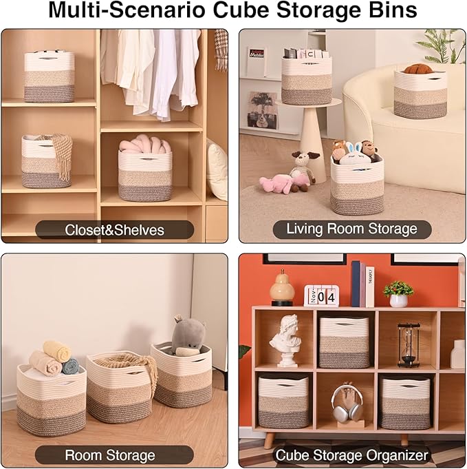 ICERZCZ 11 Inch Cube Storage Bins, Storage Cube Organizer Bins, Woven Cotton Rope Baskets for Storage, Storage Basket for Organizing Shelves, Square Baskets for Toys, Gradient Brown (Pack of 3)