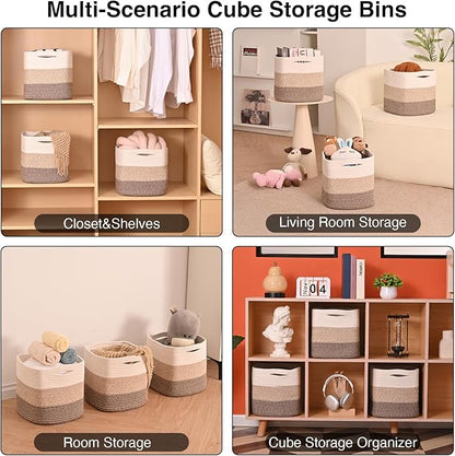 ICERZCZ 13 Inch Cube Closet Storage Bins, Woven Cotton Rope Organizer Baskets for Organizing & Shelves, Books, Towels, Clothes, Toys, 13x13x13 in, Gradient Brown (Pack of 3)