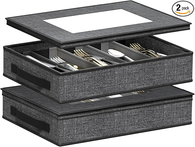 Aokeyee 2-Pack Silverware Storage Box, Sturdy Flatware Organizer with 5 Compartments & Adjustable Dividers, Utensil Case with Clear Lid & Handle for Knives, Forks & Spoons, Gray