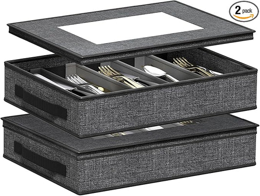Aokeyee 2-Pack Silverware Storage Box, Sturdy Flatware Organizer with 5 Compartments & Adjustable Dividers, Utensil Case with Clear Lid & Handle for Knives, Forks & Spoons, Gray
