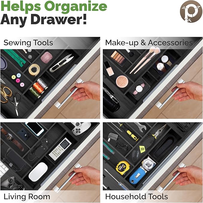 Pristine Bamboo Silverware Organizer - Expandable Kitchen Drawer Organizer - Adjustable Kitchen Drawer Organizer for Utensils, Expandable to 25 Inches Wide, 10 Slots - Black