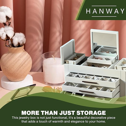 Hanway 4 Layers Wooden Jewelry Box Organizer for Women, with multiple compartments, featuring interior mirror & tray for necklaces, earrings, bracelets, glasses, and rings (white)