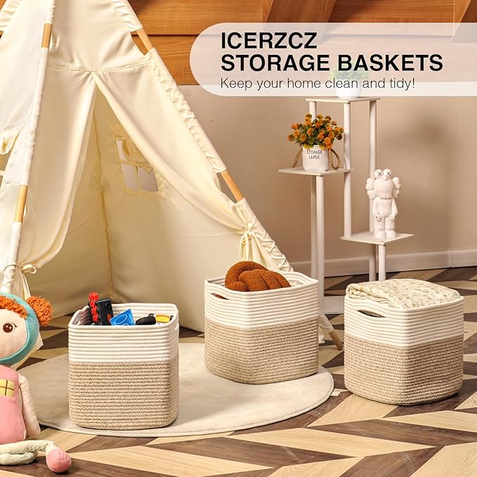 ICERZCZ 13 Inch Cube Closet Storage Bins, Woven Cotton Rope Organizer Baskets for Organizing & Shelves, Books, Towels, Clothes, Toys, 13x13x13 in, Off White & Brown (Pack of 3)