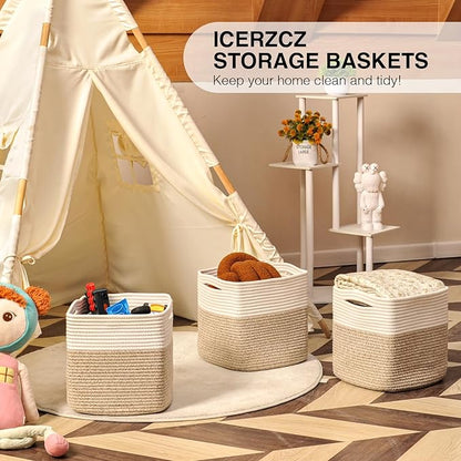 ICERZCZ 11 Inch Cube Storage Bins, Organizer Woven Cotton Rope Square Baskets for Organizing Shelves, Toys, Nursery, Off White & Brown (Pack of 3)