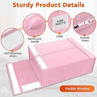 StorageTastic 4 Pack Bed Sheet Closet Organizers and Storage,Sturdy Foldable Storage Containers with Window and Label,Storage and Organization for Bedding Sheets,Duvet Covers,Blankets (Pink)