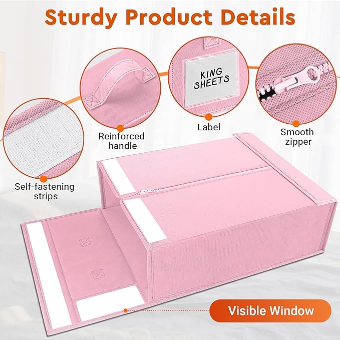StorageTastic 6 Pack Bed Sheet Closet Organizers and Storage,Sturdy Foldable Storage Containers with Window and Label,Storage and Organization for Bedding Sheets,Duvet Covers,Blankets (Pink)