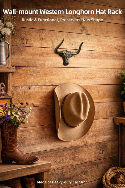 Cowboy Hat Rack for Wall 2 Pack Modern Cast Iron Cowboy Hat Holder Cowgirl Hat Hanger Western Decor Longhorn Wall Hooks Closet Bedroom Living Room Antique Gold Men's Western Gifts