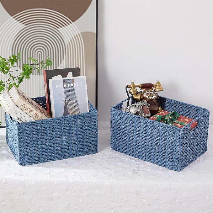 Vagusicc Wicker Storage Basket, Set of 2 Hand-Woven Paper Rope Wicker Basket, Small Storage Baskets for Organizing Toilet Paper Basket, Foldable Large Cube Storage Organizer Bins for Shelves (Blue)