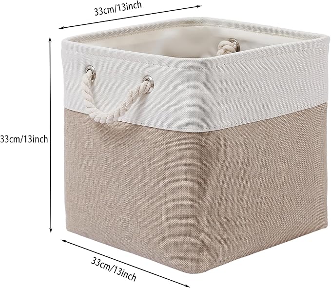 MidmmVick 13 x 13 Inch Cube Storage Bins, 4 Pack Large Collapsible Fabric Storage Bin with Ropes, Foldable Storage Cubes for Home, Office,Closet, Clothes, Toys Organizer (White & Beige)