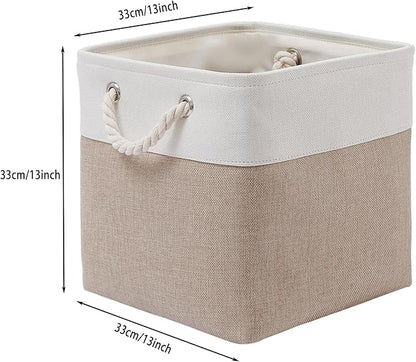 MidmmVick 13 x 13 Inch Cube Storage Bins, 4 Pack Large Collapsible Fabric Storage Bin with Ropes, Foldable Storage Cubes for Home, Office,Closet, Clothes, Toys Organizer (White & Beige)