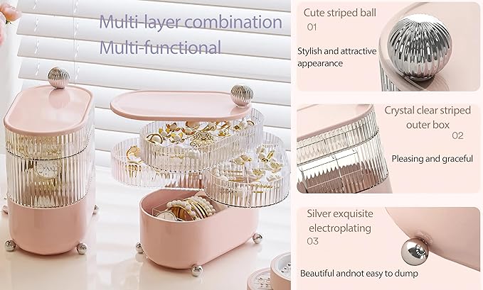 360° Rotating Hair Accessories Organizer for Headband Bows Clip,Hair Tie Organizer with Lid, Jewelry Organizer forEarrings Rings Necklaces Bracelet (Pink 4-Layer)