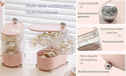 360° Rotating Hair Accessories Organizer for Headband Bows Clip,Hair Tie Organizer with Lid, Jewelry Organizer forEarrings Rings Necklaces Bracelet (Pink 4-Layer)