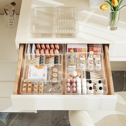 Qivine Expandable Acrylic Drawer Organizer, Clear Makeup Drawer Organizer Trays, 11 to 19In Adjustable Kitchen Utensil Organizer with 5 Compartments Expandable for Makeup Silverware Office Bathroom