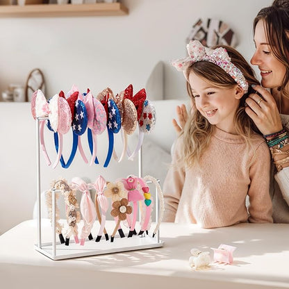 Headband Holder Organizer Metal 2-Tier with Tray: Hair Accessories Display Stand Storage Hairband Rack Necklace Stand Home Bedroom for Girls Women, White