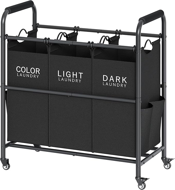 Tajsoon 3 Bag Laundry Sorter Cart, Laundry Hamper Sorter Basket with Heavy Duty Lockable Rolling Wheels for Clothes Storage, Black