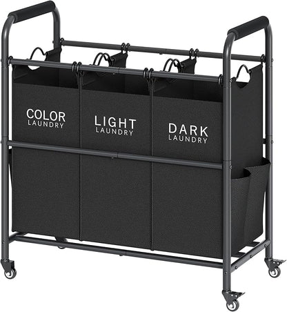 Tajsoon 3 Bag Laundry Sorter Cart, Laundry Hamper Sorter Basket with Heavy Duty Lockable Rolling Wheels for Clothes Storage, Black