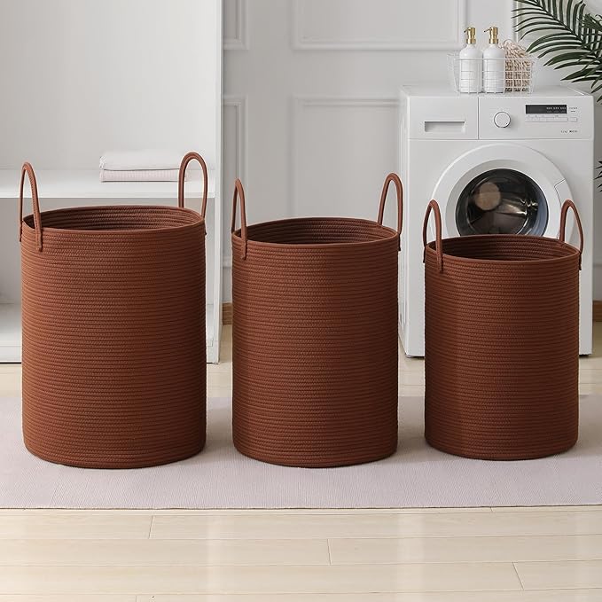 Laundry Basket Hamper Tall Rope Storage Woven for Blanket toys Dirty Clothes in Living Room Bathroom Bedroom (Dark Brown, 80L/21.3Gal)