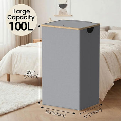 efluky Laundry Basket with Lid and Removable Bag, 100L Tall Laundry Hamper with Bamboo Handles, Aesthetic Dirty Clothes Bin for Laundry Room, Bathroom, Bedroom and Dorm, Silver Grey