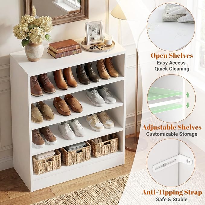 Homieasy Shoe Cabinet, 5-Tier Modern Wood Shoe Storage Organizer with 3 Adjustable Shelves for Entryway, Multi-Purpose Display Shelf & Storage Cabinet for Living Room, Bedroom, White