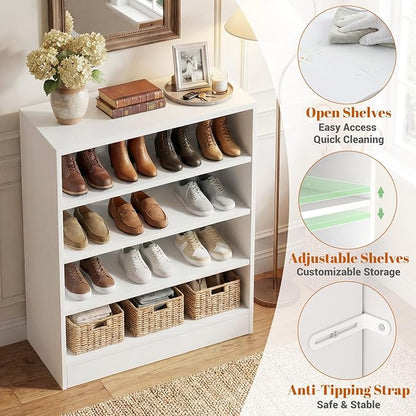 Homieasy Shoe Cabinet, 5-Tier Modern Wood Shoe Storage Organizer with 3 Adjustable Shelves for Entryway, Multi-Purpose Display Shelf & Storage Cabinet for Living Room, Bedroom, White