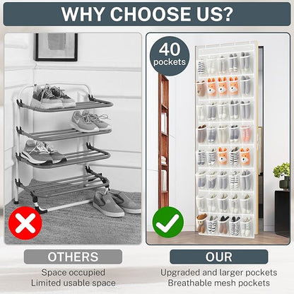2PCS 40-Pocket Over the Door Shoe Organizer, Hanging Shoe Rack for Closet Door,Shoes Storage Holder Hanger with Large Mesh Pocket for Women Men Shoes,Flip Flops (White-W2)