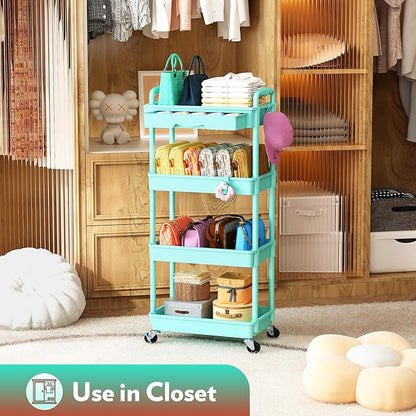 SUNALLY Makeup Cart Organizer with Drawers, 4 Tier Floor Skincare Organizers for Vanity, Rolling Makeup Bathroom Storage Cart Cosmetics Display Cases for Skin Care Perfume Nail Polish, Blue