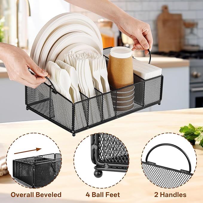 Large Paper Plate and Silverware Caddy for Countertop Party Picnic Camping, Plastic Cutlery Holder Organizer for Disposable Plate Cup Flatware Utensil Napkin, Black