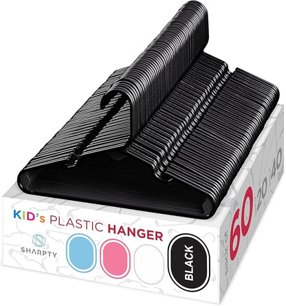Sharpty Kids Plastic Hangers, Children's Hangers for Baby, Toddler, and Child Clothes - Everyday Standard Use - Ideal for Boys and Girls Closet, Clothing, Pants, Coats, and More - Black, 60 Pack
