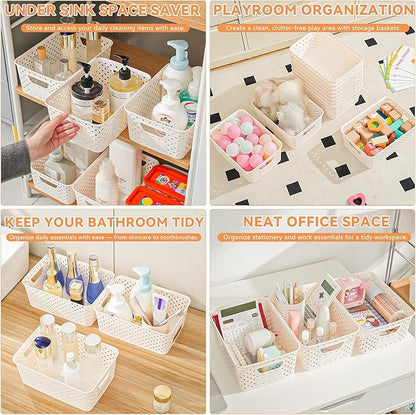 12 Pack Plastic Storage Baskets for Organizing, Storage Baskets for Shelves with Handles, Small Storage Bins with Labels, Organizer Baskets for Cabinet,Closet, Office