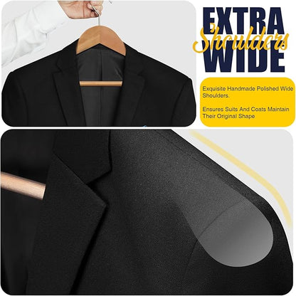 Wooden Suit Hangers 10 Pack - Heavy Duty Wide Shoulder Hangers With Non Slip Pants Holder for Men, Women, Coats, Jackets (Natural)