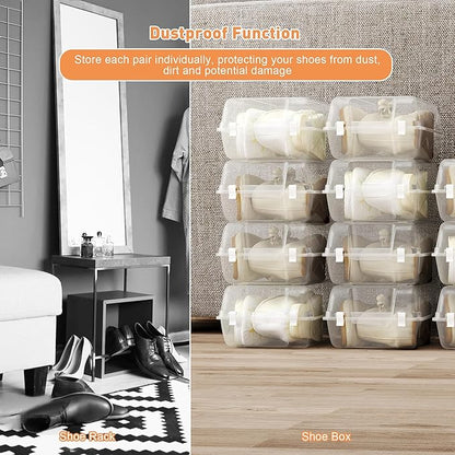 Shoe Organizer for Closet, 4 Pack Plastic Shoe Storage Boxes, Space Saving Stackable Shoe Storage Bins, Sneaker Storage Containers with Clear Lids for Display, White