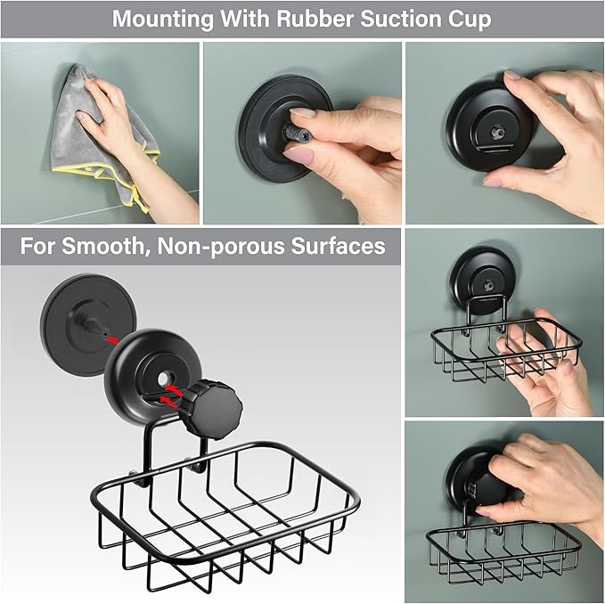 HASKO 2 Pack Suction Cup Soap Dish for Shower Wall, Rustproof Stainless Steel, Shower Soap Holder with Hooks, Includes Optional No Drill Adhesive Mount for Bathroom, 2 Soap Savers, Black