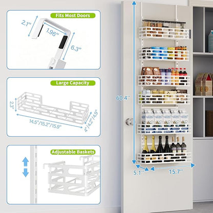 Over the Door Pantry Organizer - 6 Tier Adjustable Pantry Organization and Storage, Hanging Basket Wall Seasoning Shelves, Home & Kitchen Bedroom Bathroom, White