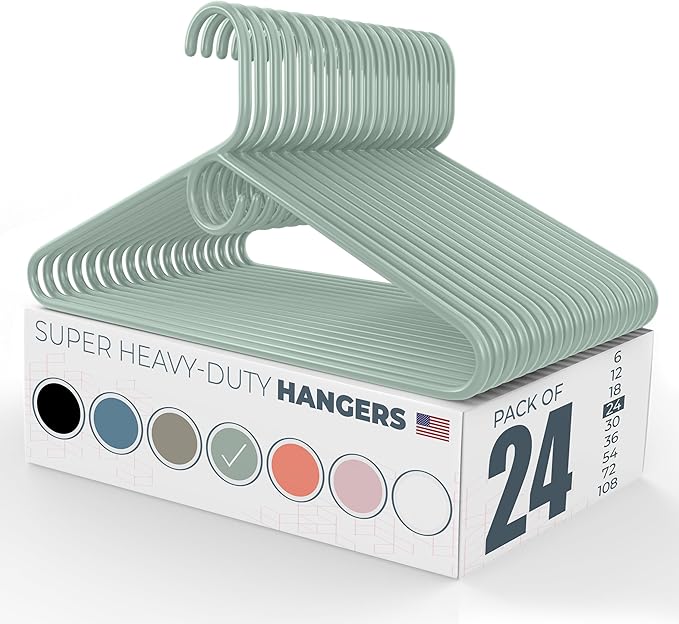 Super Heavy Duty Clothes Hangers 20 Pack (24 Count) – Made in the USA - 10lb Capacity, Thick Plastic Hangers for Pants, Coats, Jackets, Jeans and Adult Clothing – Mint